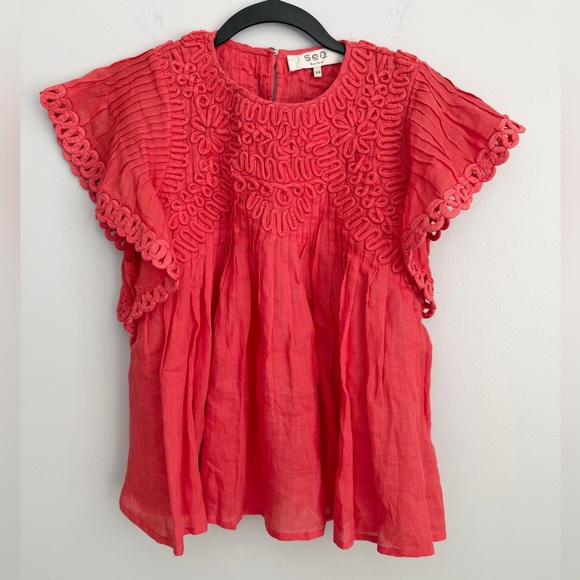 Sea New York Size XS • Frida Embroidered Red Short Sleeve Top. - Picture 2 of 5